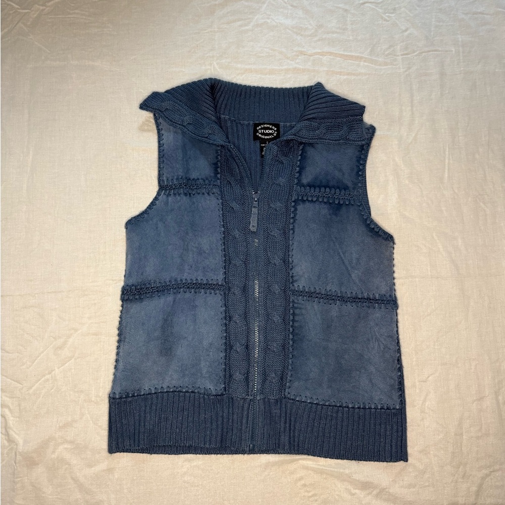 Blue Sleeveless Knit Leather Vest